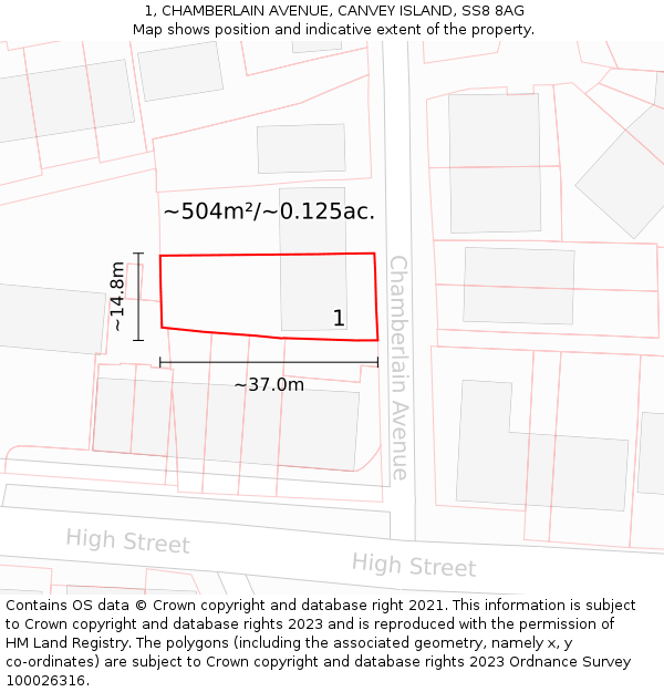 1, CHAMBERLAIN AVENUE, CANVEY ISLAND, SS8 8AG: Plot and title map