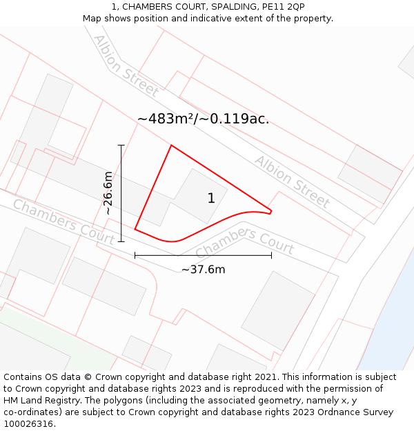1, CHAMBERS COURT, SPALDING, PE11 2QP: Plot and title map