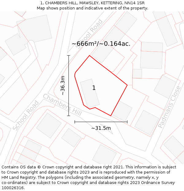 1, CHAMBERS HILL, MAWSLEY, KETTERING, NN14 1SR: Plot and title map