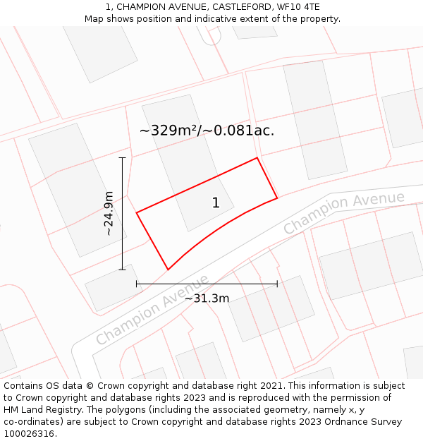 1, CHAMPION AVENUE, CASTLEFORD, WF10 4TE: Plot and title map