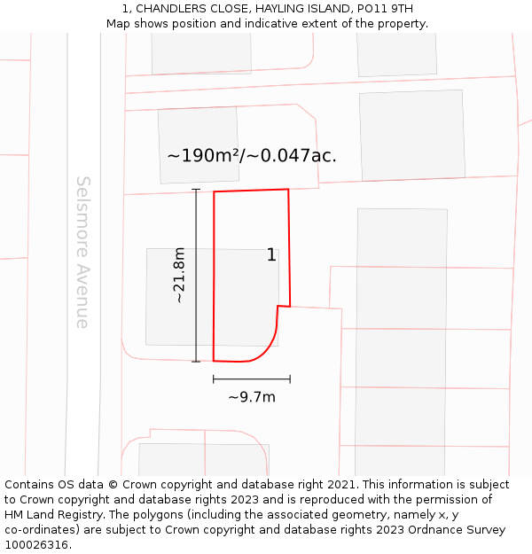 1, CHANDLERS CLOSE, HAYLING ISLAND, PO11 9TH: Plot and title map