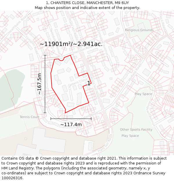 1, CHANTERS CLOSE, MANCHESTER, M9 6UY: Plot and title map