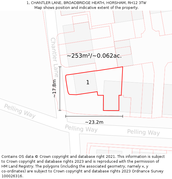 1, CHANTLER LANE, BROADBRIDGE HEATH, HORSHAM, RH12 3TW: Plot and title map