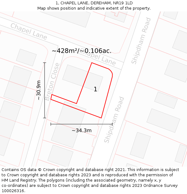 1, CHAPEL LANE, DEREHAM, NR19 1LD: Plot and title map