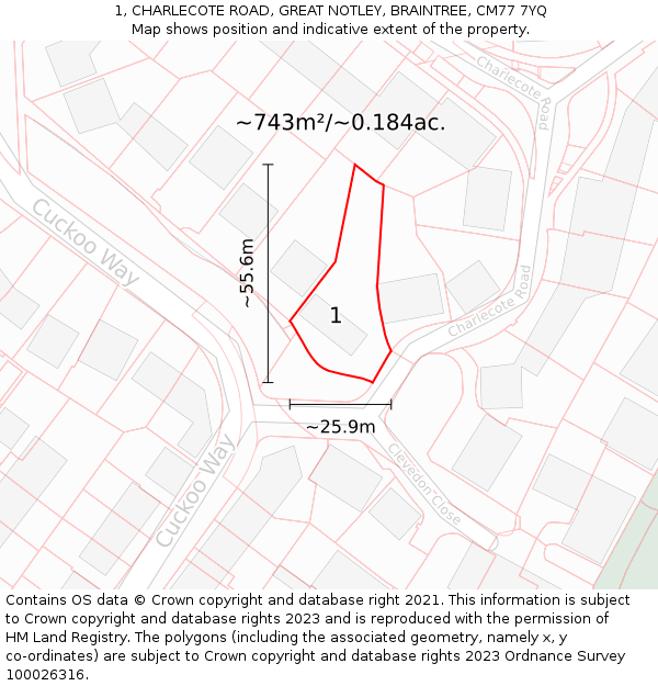 1, CHARLECOTE ROAD, GREAT NOTLEY, BRAINTREE, CM77 7YQ: Plot and title map