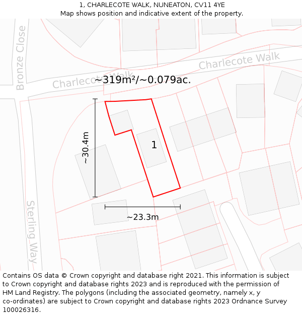 1, CHARLECOTE WALK, NUNEATON, CV11 4YE: Plot and title map