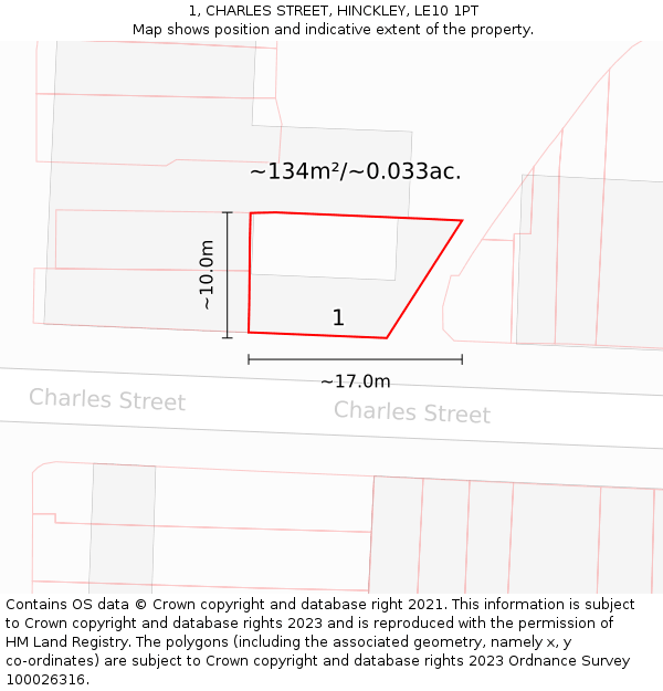 1, CHARLES STREET, HINCKLEY, LE10 1PT: Plot and title map