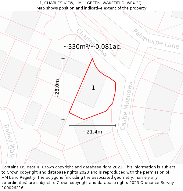 1, CHARLES VIEW, HALL GREEN, WAKEFIELD, WF4 3QH: Plot and title map