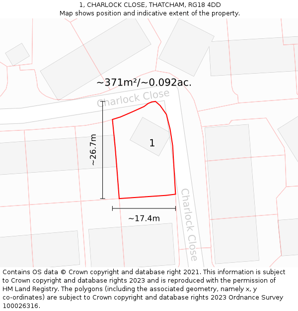 1, CHARLOCK CLOSE, THATCHAM, RG18 4DD: Plot and title map