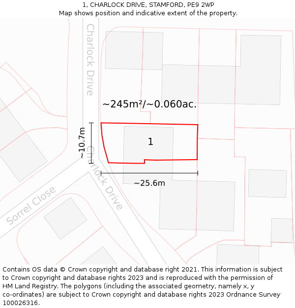 1, CHARLOCK DRIVE, STAMFORD, PE9 2WP: Plot and title map