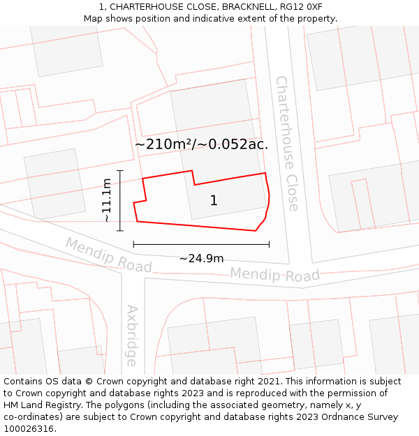 1, CHARTERHOUSE CLOSE, BRACKNELL, RG12 0XF: Plot and title map