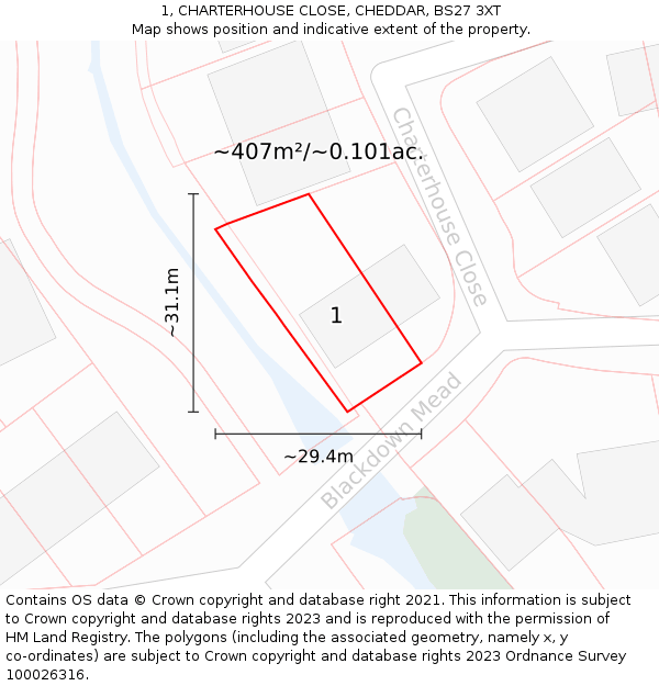 1, CHARTERHOUSE CLOSE, CHEDDAR, BS27 3XT: Plot and title map