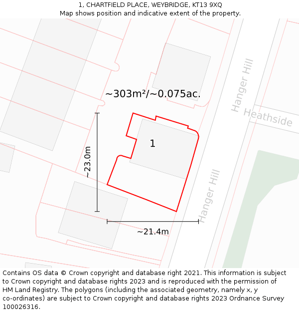 1, CHARTFIELD PLACE, WEYBRIDGE, KT13 9XQ: Plot and title map