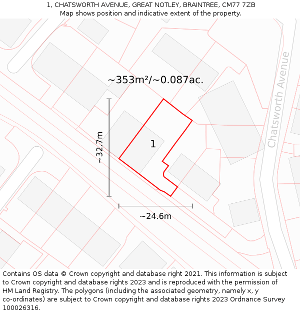 1, CHATSWORTH AVENUE, GREAT NOTLEY, BRAINTREE, CM77 7ZB: Plot and title map