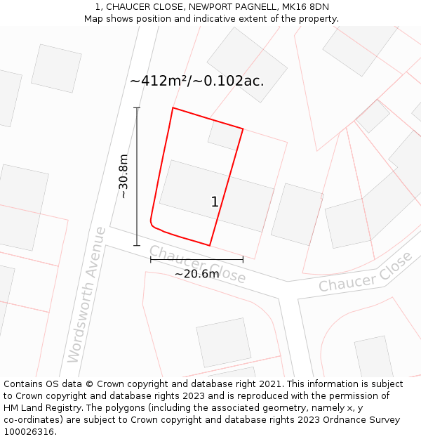 1, CHAUCER CLOSE, NEWPORT PAGNELL, MK16 8DN: Plot and title map