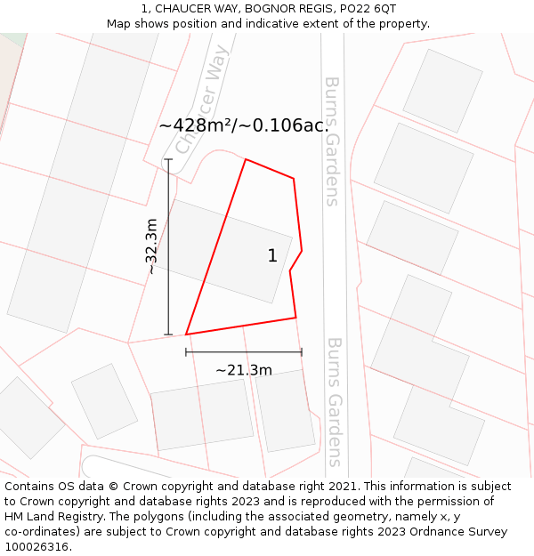 1, CHAUCER WAY, BOGNOR REGIS, PO22 6QT: Plot and title map