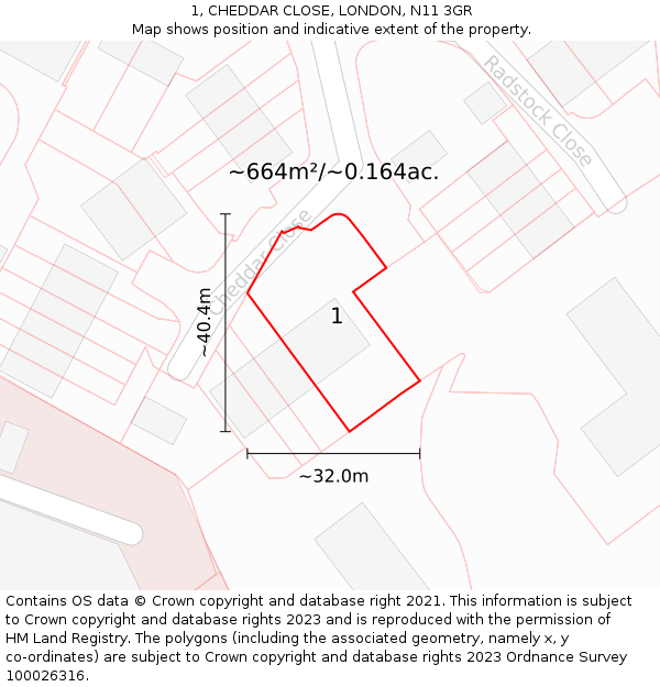 1, CHEDDAR CLOSE, LONDON, N11 3GR: Plot and title map