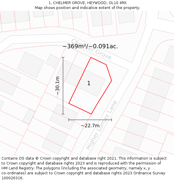 1, CHELMER GROVE, HEYWOOD, OL10 4RX: Plot and title map