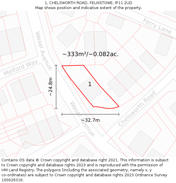 1, CHELSWORTH ROAD, FELIXSTOWE, IP11 2UD: Plot and title map