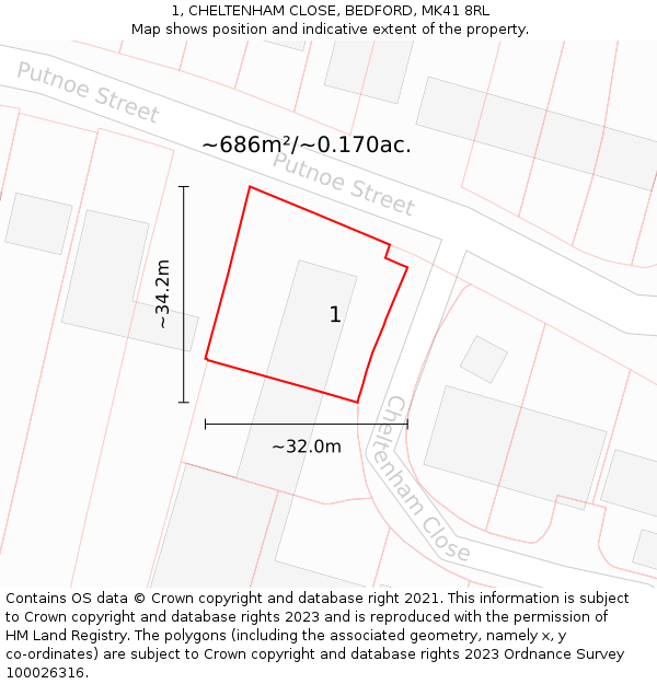 1, CHELTENHAM CLOSE, BEDFORD, MK41 8RL: Plot and title map