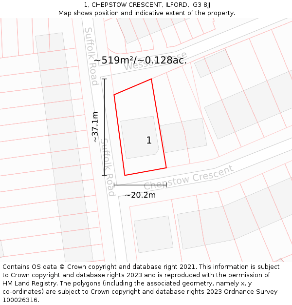 1, CHEPSTOW CRESCENT, ILFORD, IG3 8JJ: Plot and title map
