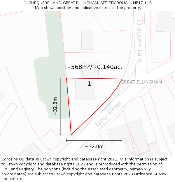 1, CHEQUERS LANE, GREAT ELLINGHAM, ATTLEBOROUGH, NR17 1HR: Plot and title map