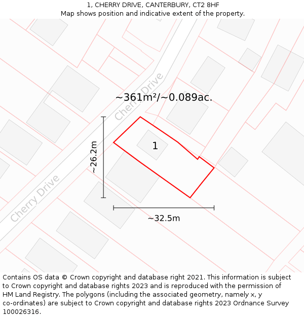 1, CHERRY DRIVE, CANTERBURY, CT2 8HF: Plot and title map