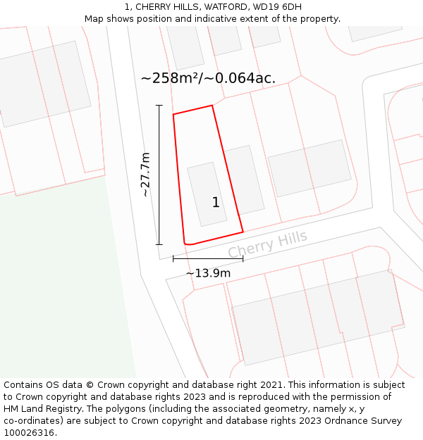 1, CHERRY HILLS, WATFORD, WD19 6DH: Plot and title map