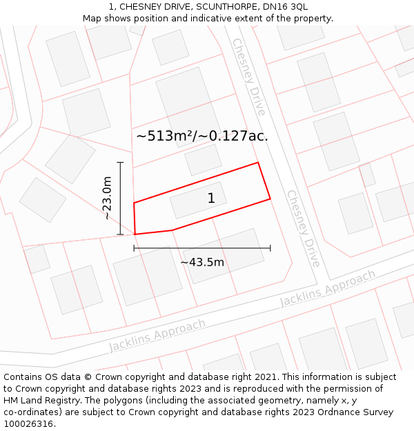 1, CHESNEY DRIVE, SCUNTHORPE, DN16 3QL: Plot and title map