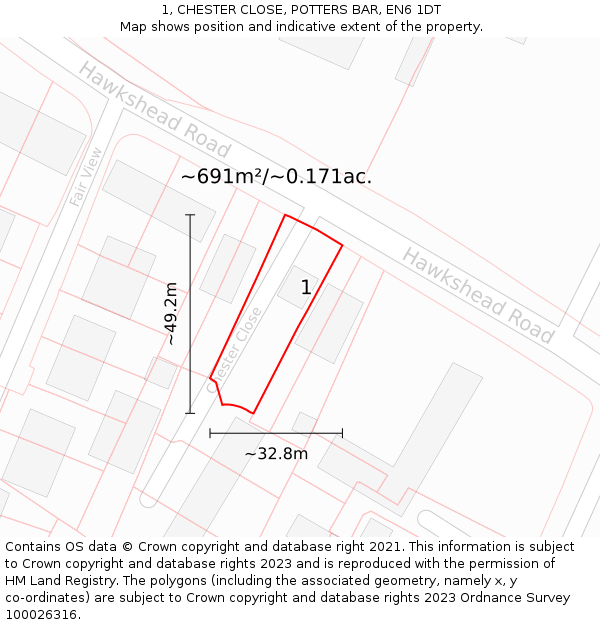 1, CHESTER CLOSE, POTTERS BAR, EN6 1DT: Plot and title map