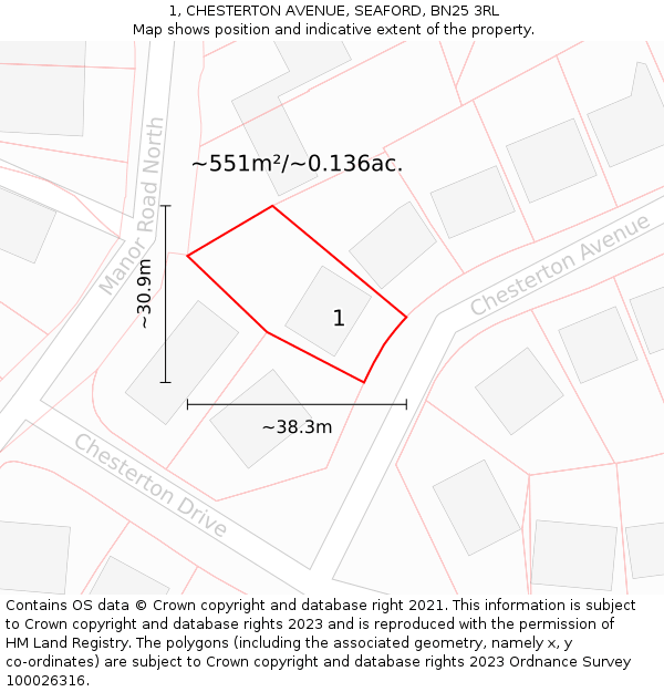 1, CHESTERTON AVENUE, SEAFORD, BN25 3RL: Plot and title map