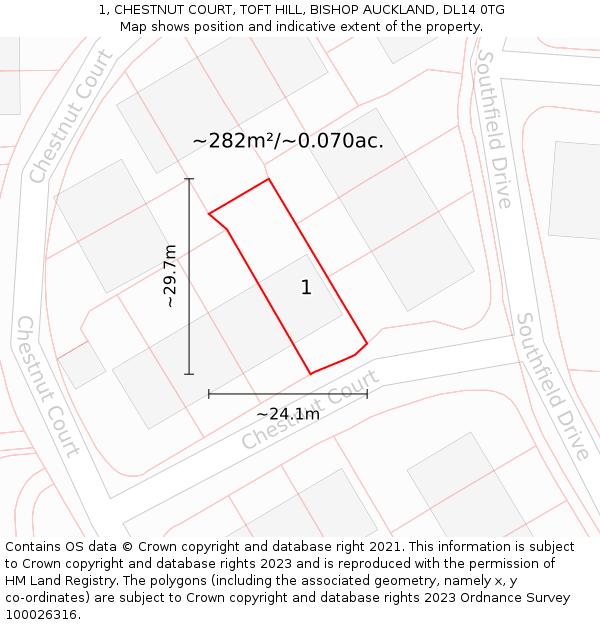 1, CHESTNUT COURT, TOFT HILL, BISHOP AUCKLAND, DL14 0TG: Plot and title map