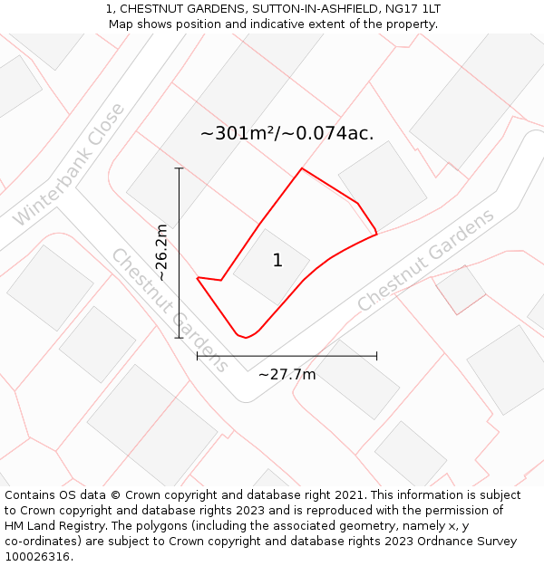 1, CHESTNUT GARDENS, SUTTON-IN-ASHFIELD, NG17 1LT: Plot and title map