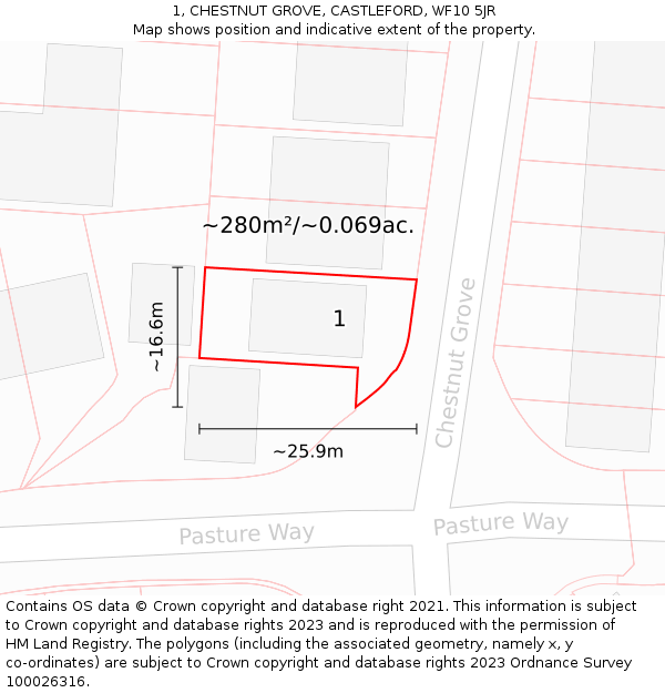 1, CHESTNUT GROVE, CASTLEFORD, WF10 5JR: Plot and title map