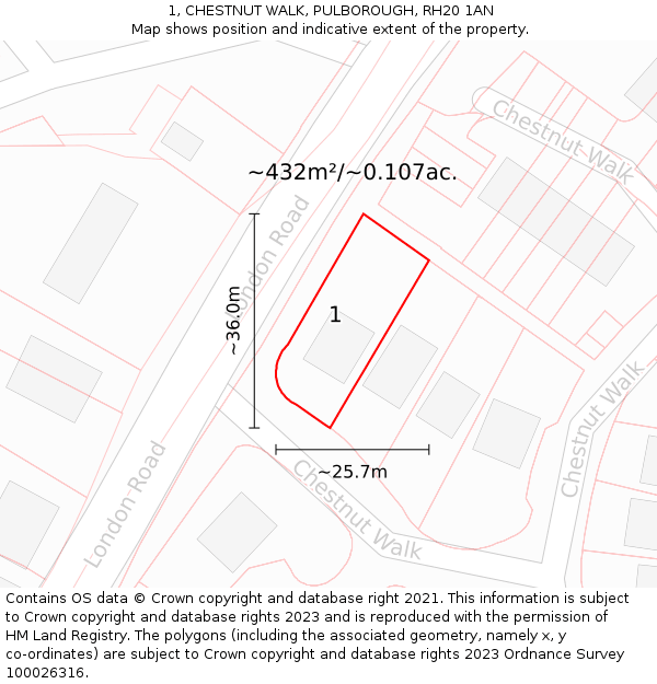 1, CHESTNUT WALK, PULBOROUGH, RH20 1AN: Plot and title map