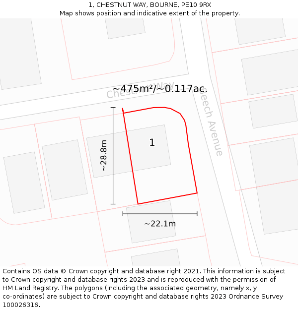 1, CHESTNUT WAY, BOURNE, PE10 9RX: Plot and title map