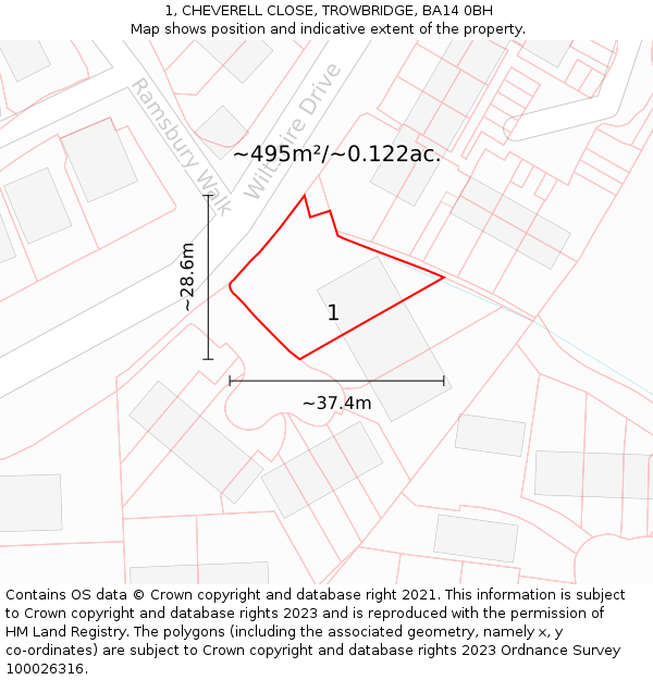 1, CHEVERELL CLOSE, TROWBRIDGE, BA14 0BH: Plot and title map