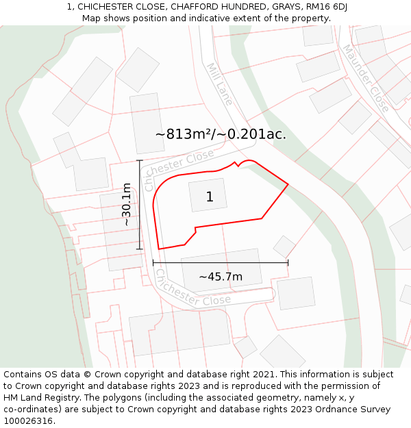 1, CHICHESTER CLOSE, CHAFFORD HUNDRED, GRAYS, RM16 6DJ: Plot and title map