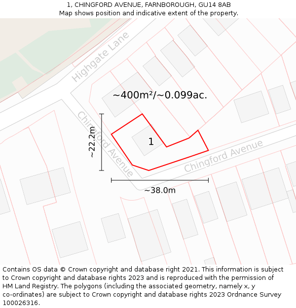 1, CHINGFORD AVENUE, FARNBOROUGH, GU14 8AB: Plot and title map