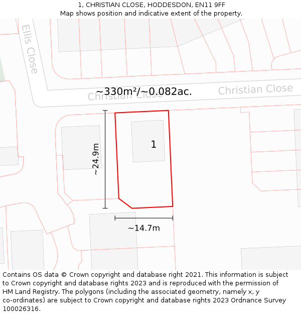 1, CHRISTIAN CLOSE, HODDESDON, EN11 9FF: Plot and title map