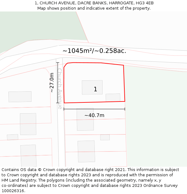 1, CHURCH AVENUE, DACRE BANKS, HARROGATE, HG3 4EB: Plot and title map