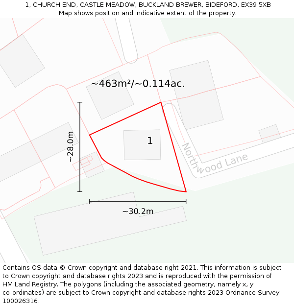 1, CHURCH END, CASTLE MEADOW, BUCKLAND BREWER, BIDEFORD, EX39 5XB: Plot and title map