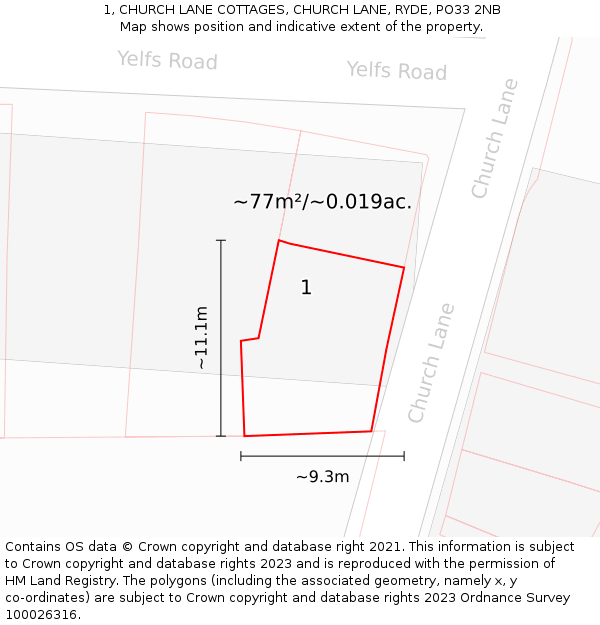 1, CHURCH LANE COTTAGES, CHURCH LANE, RYDE, PO33 2NB: Plot and title map