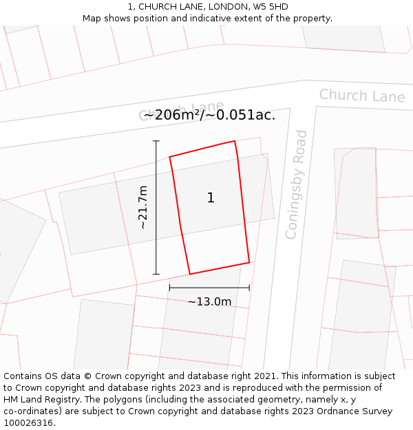 1, CHURCH LANE, LONDON, W5 5HD: Plot and title map