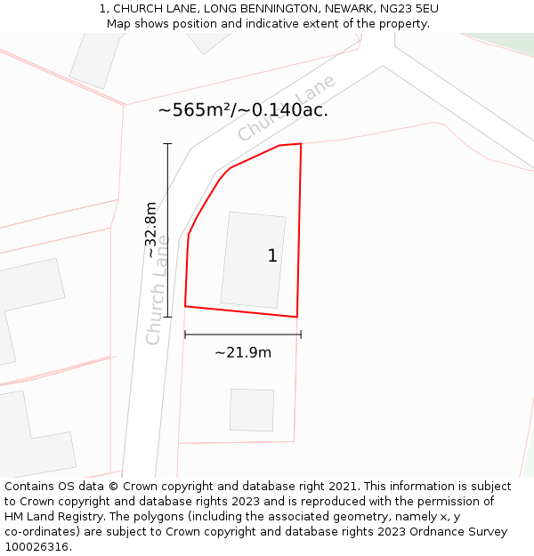 1, CHURCH LANE, LONG BENNINGTON, NEWARK, NG23 5EU: Plot and title map