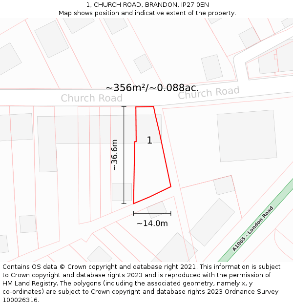 1, CHURCH ROAD, BRANDON, IP27 0EN: Plot and title map