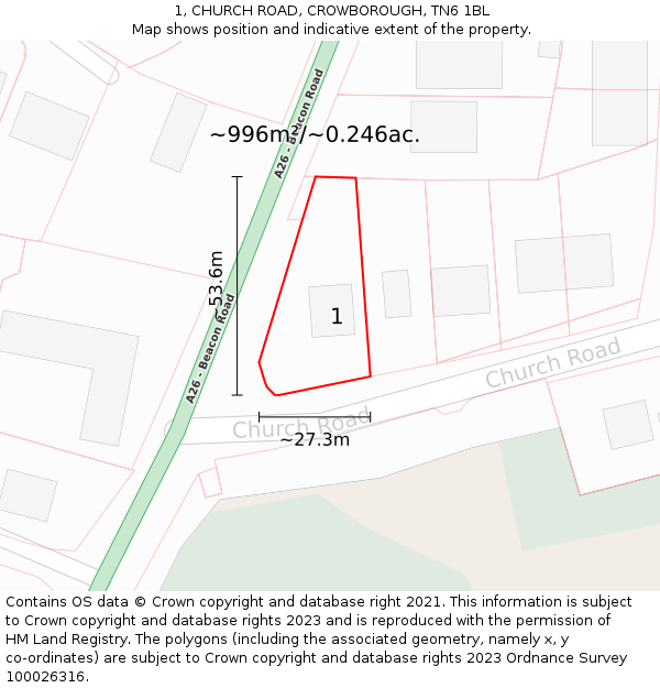 1, CHURCH ROAD, CROWBOROUGH, TN6 1BL: Plot and title map