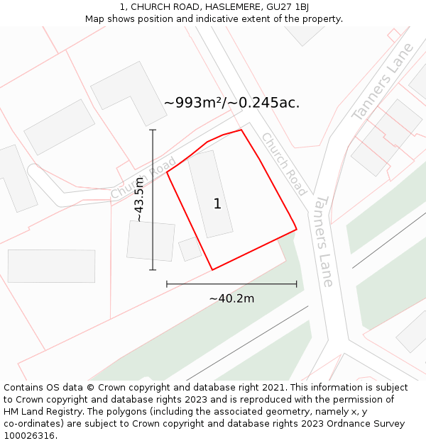 1, CHURCH ROAD, HASLEMERE, GU27 1BJ: Plot and title map