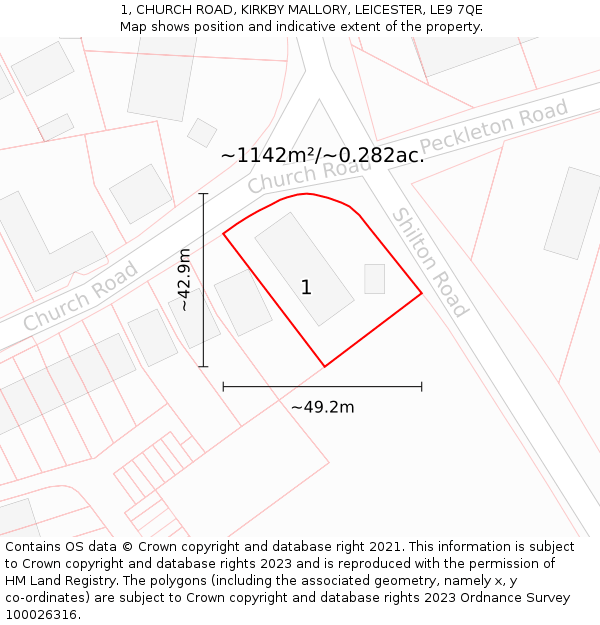 1, CHURCH ROAD, KIRKBY MALLORY, LEICESTER, LE9 7QE: Plot and title map