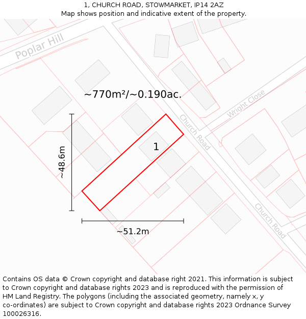 1, CHURCH ROAD, STOWMARKET, IP14 2AZ: Plot and title map